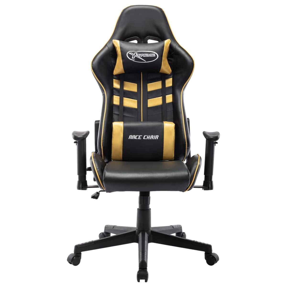 Sedia da gaming nera e oro con supporto per testa e schiena.