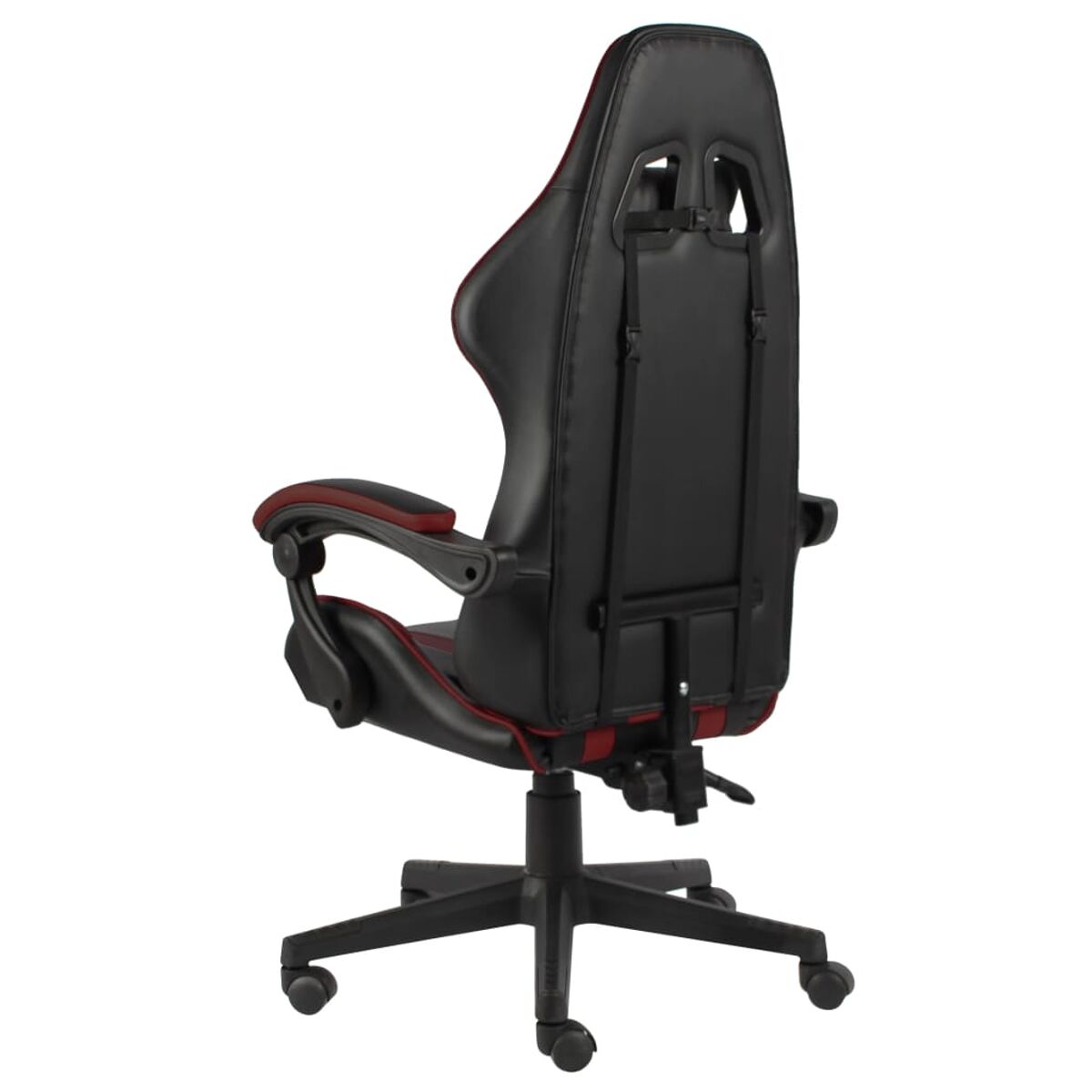 Schwarzer Gaming-Stuhl, Rückansicht. Rote Akzente an den Seiten.