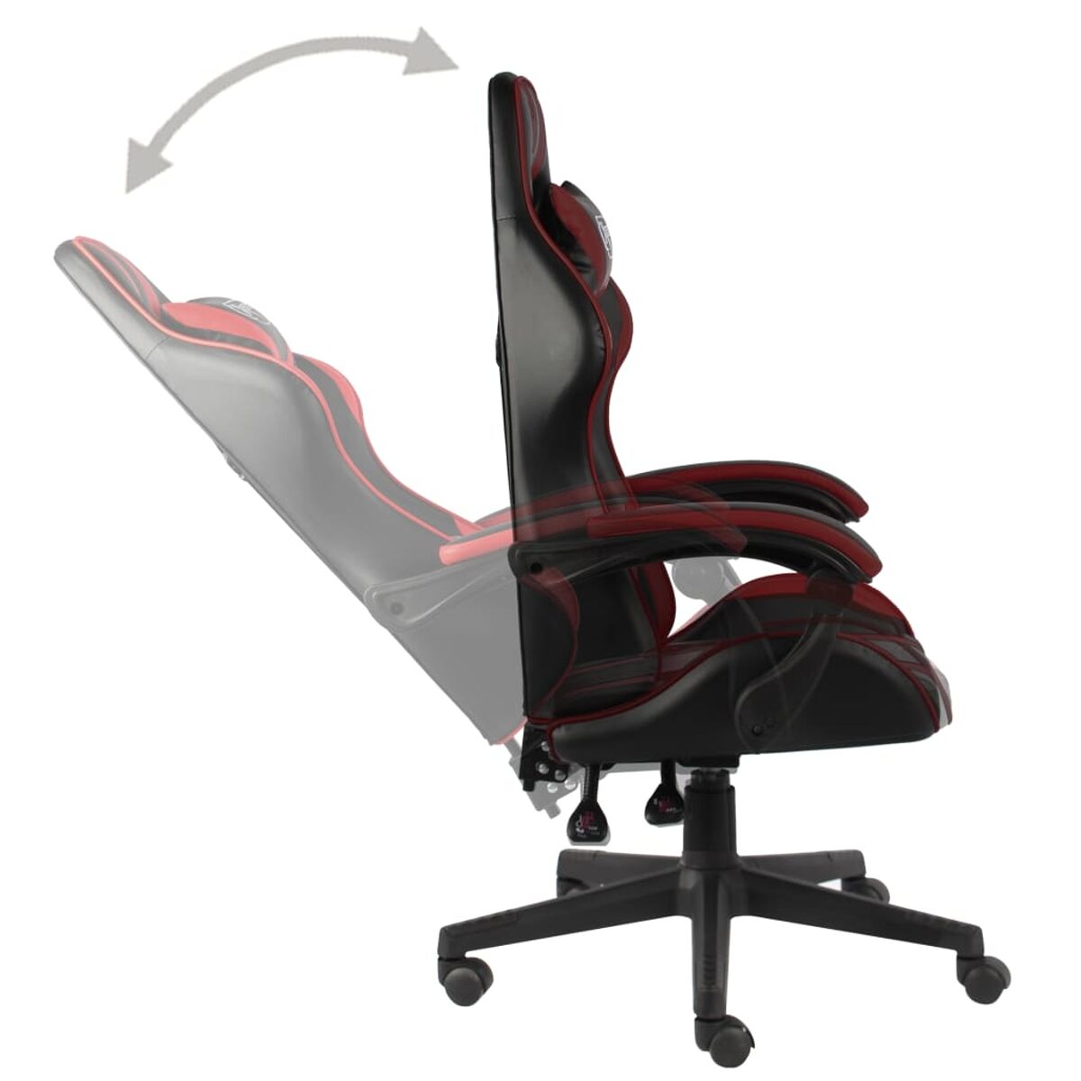 Schwarzer und roter Gaming-Stuhl, Seitenansicht, Liegefunktion. Weißer Hintergrund.