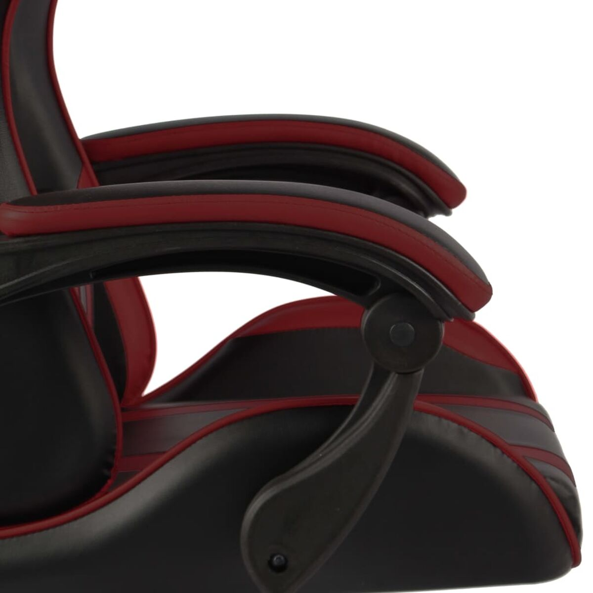 Nahaufnahme einer rot-schwarzen Gaming-Stuhl-Armlehne. Die Armlehne ist verstellbar.