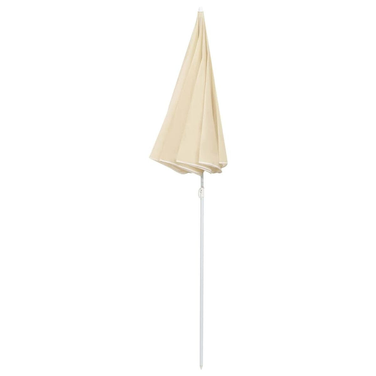 Geschlossener beiger Schirm mit weißem Mast, auf weißem Grund.