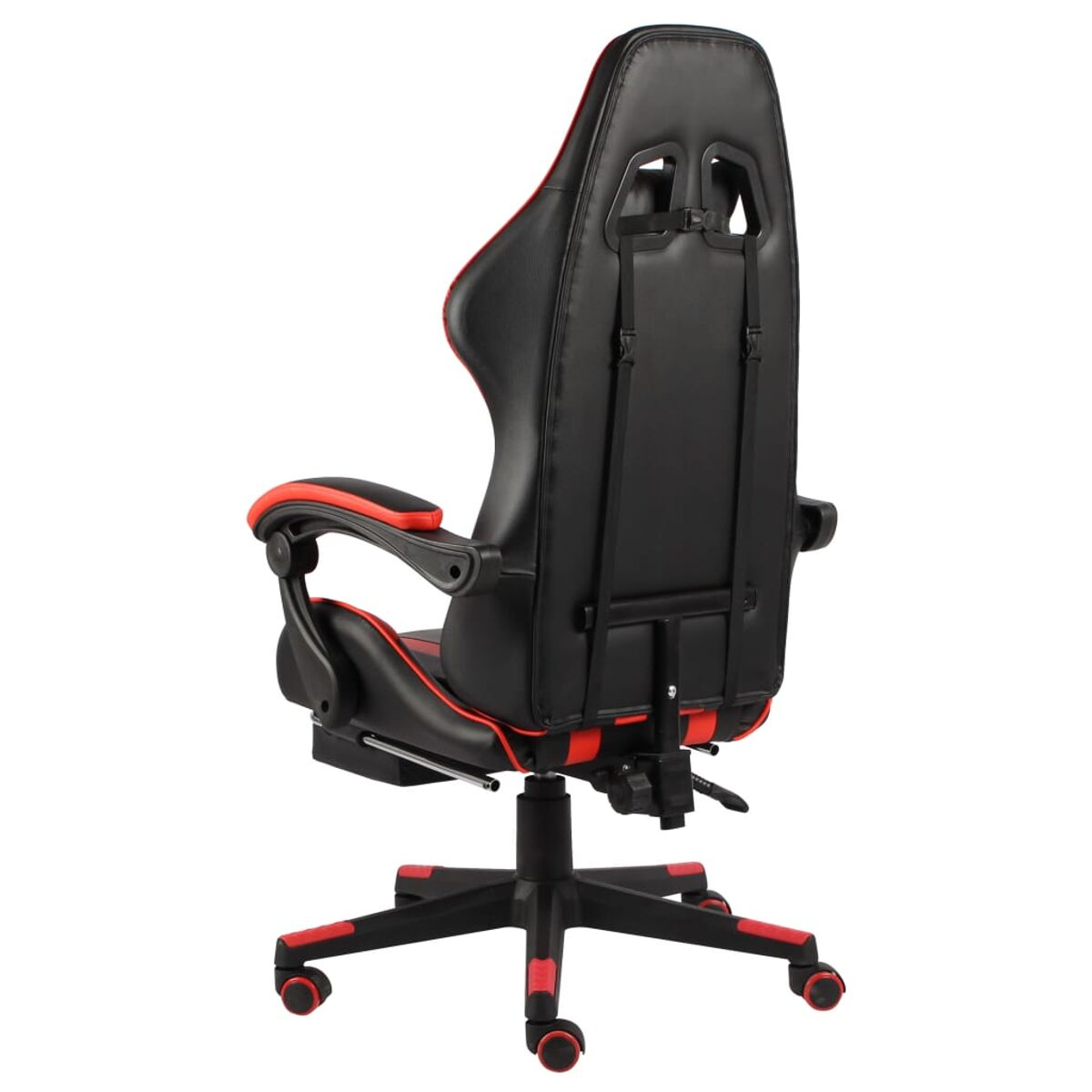 Schwarzer und roter Gaming-Stuhl, Rückansicht. Mit roter Zierleiste, schwarzem Sockel und Rädern.