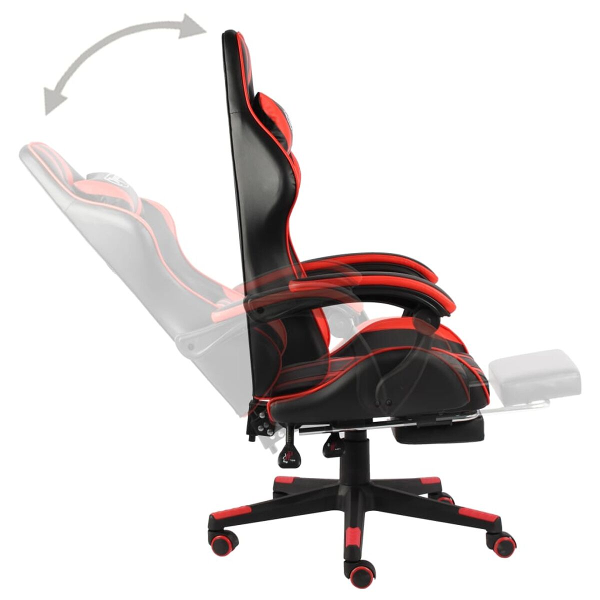 Ein schwarz-roter Gaming-Stuhl mit Liegefunktion und Fußstütze, vor weißem Hintergrund.