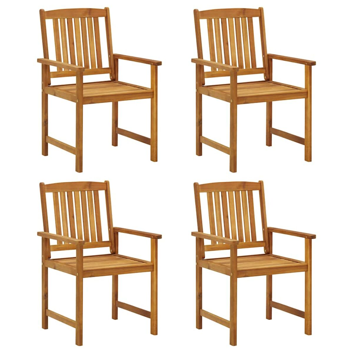 Vier Holzstühle mit Armlehnen. Jeder Stuhl hat eine Lattenlehne und einen Sitz. Die Stühle sind braun.