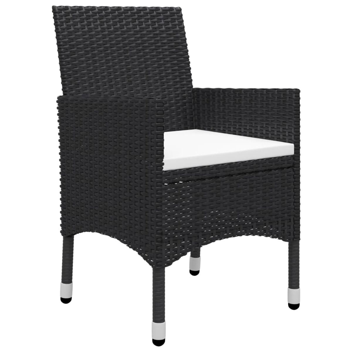 Schwarzer Rattanstuhl mit weißem Kissen. Modernes Design, für den Außenbereich.