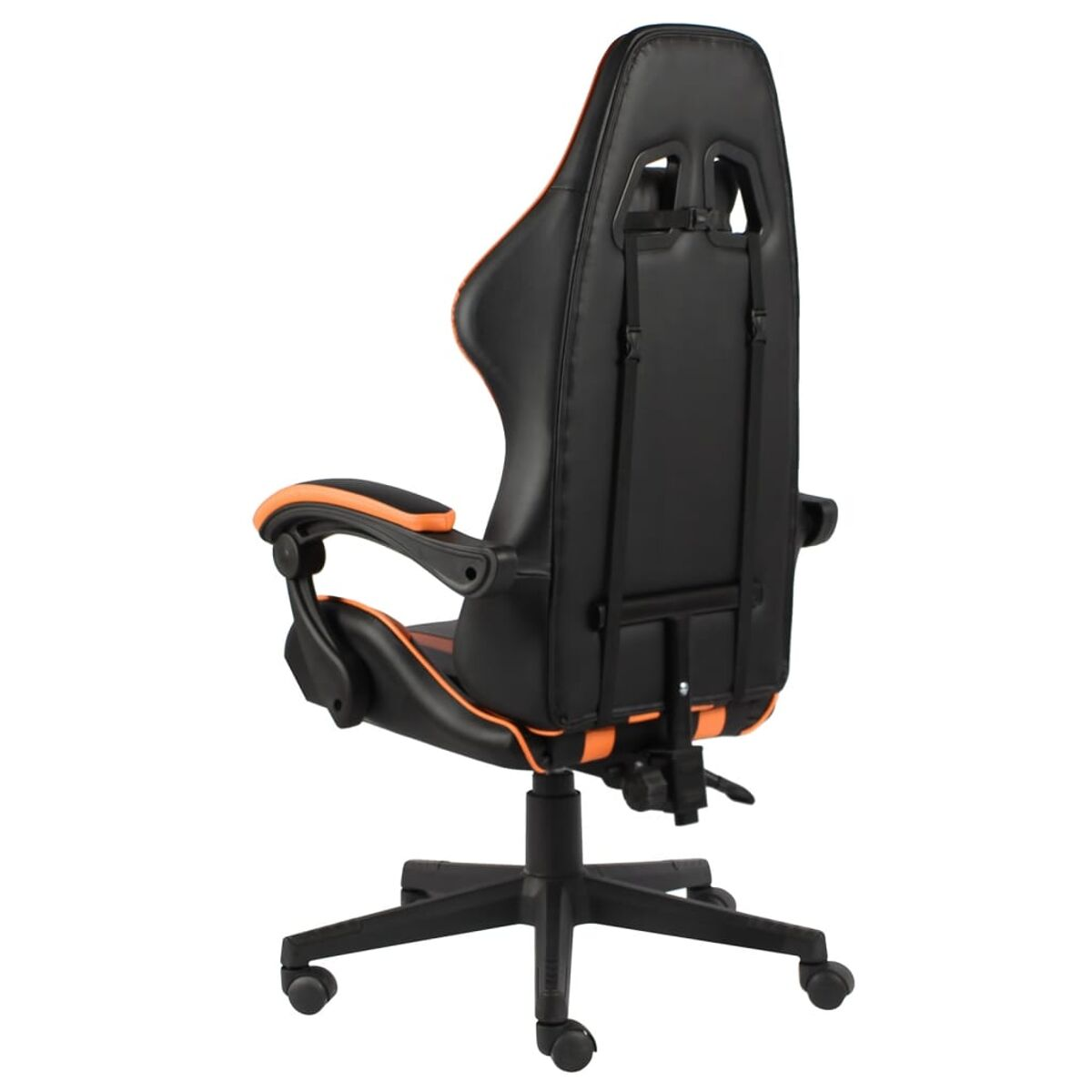 Ein schwarzer und orangefarbener Gaming-Stuhl, Rückansicht. Der Stuhl steht auf einem schwarzen Sockel.