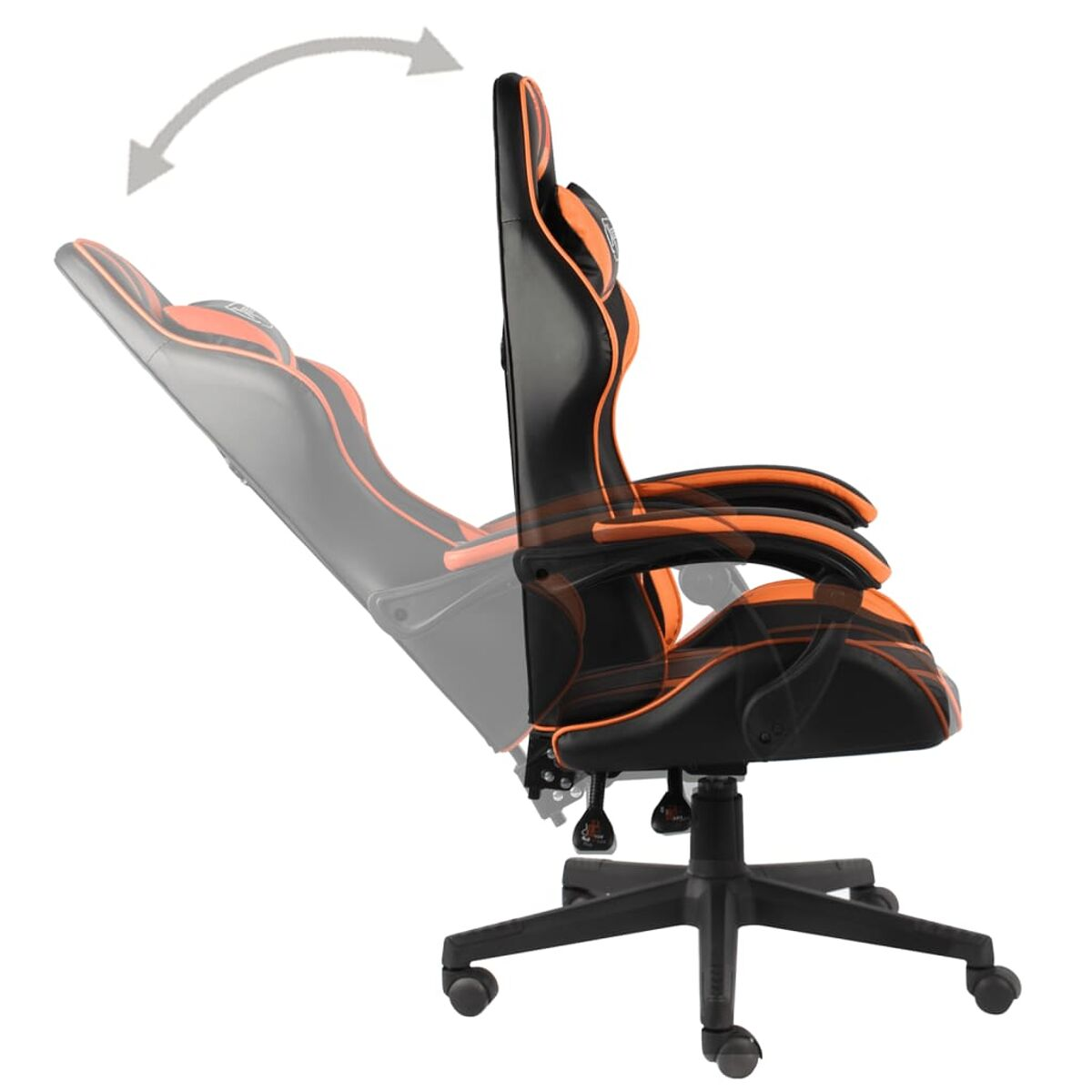 Ein orange-schwarzer Gaming-Stuhl, von der Seite gezeigt, mit kippbarer Rückenlehne.