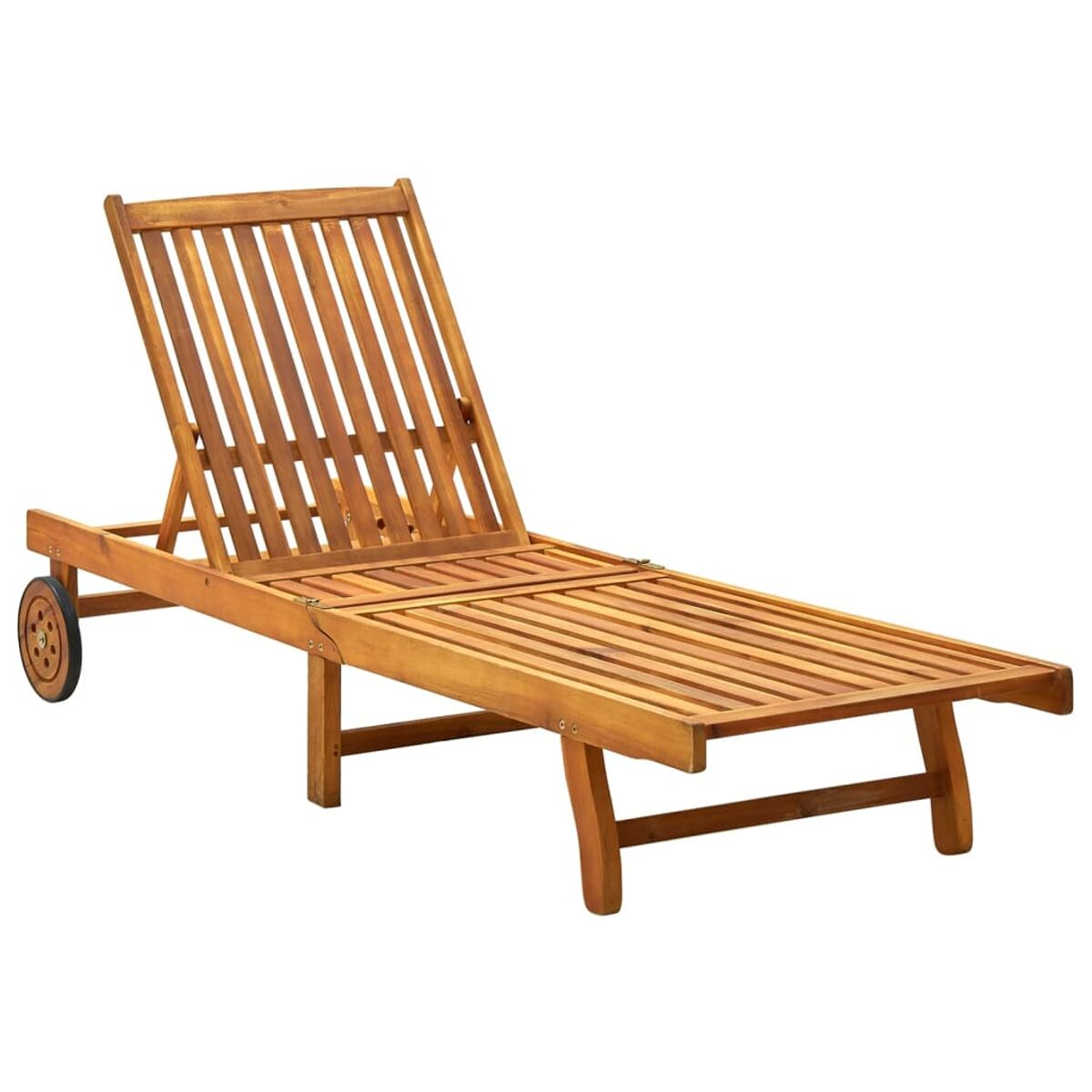 Holz-Chaiselongue mit Rädern auf einer Seite. Lattenrost und Sitz.
