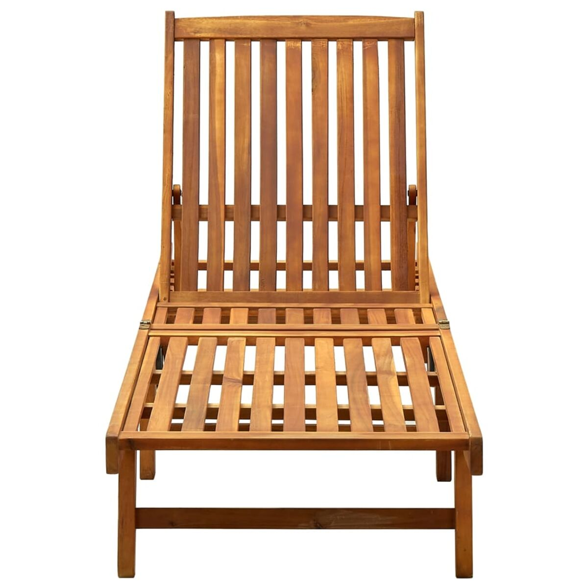 Sonnenliege aus Holz, offen und gebrauchsfertig. Lamellendesign, sichtbare Rücken- und Fußstützensektionen.