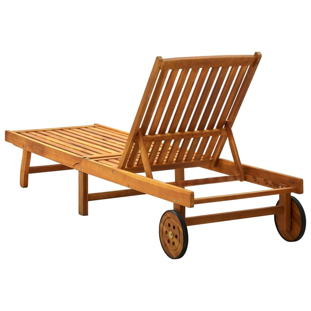 Liegestuhl aus Holz mit Rädern, Rückenlehne zurückgelehnt.