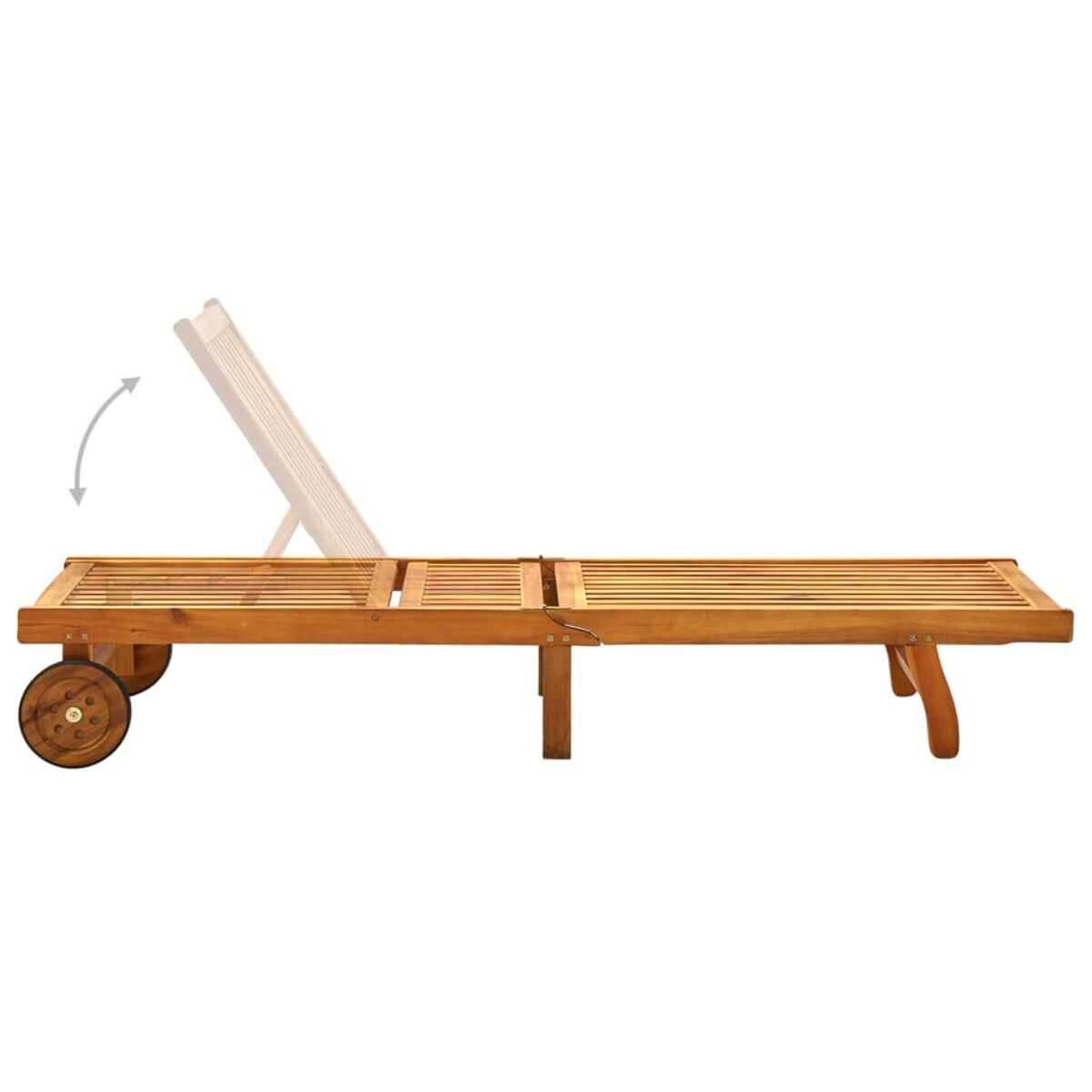 Holz-Liegestuhl auf weißem Hintergrund. Die Rückenlehne ist verstellbar, mit Pfeil-Anzeige.