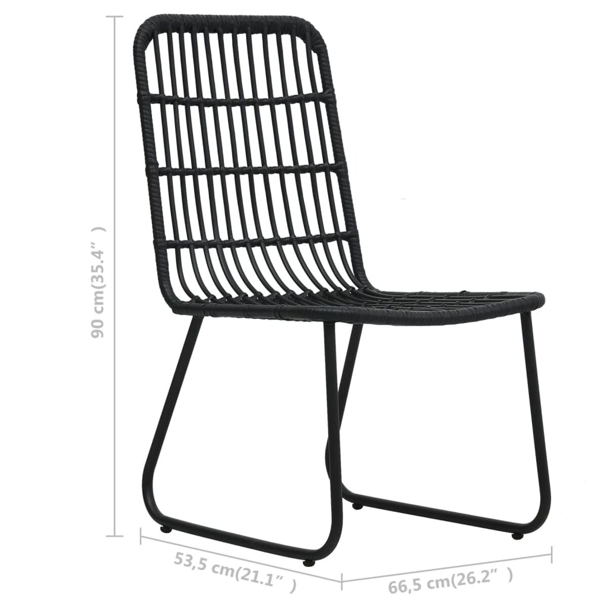 Schwarzer Stuhl mit gewebter Rückenlehne und Beinen. Der Stuhl hat die Maße 90x66,5 cm.