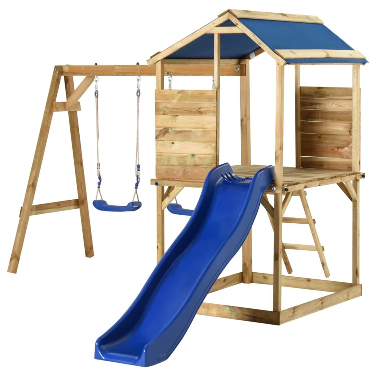 Spielplatz aus Holz mit Rutsche, Schaukeln und Spielhaus. Auf weißem Hintergrund.