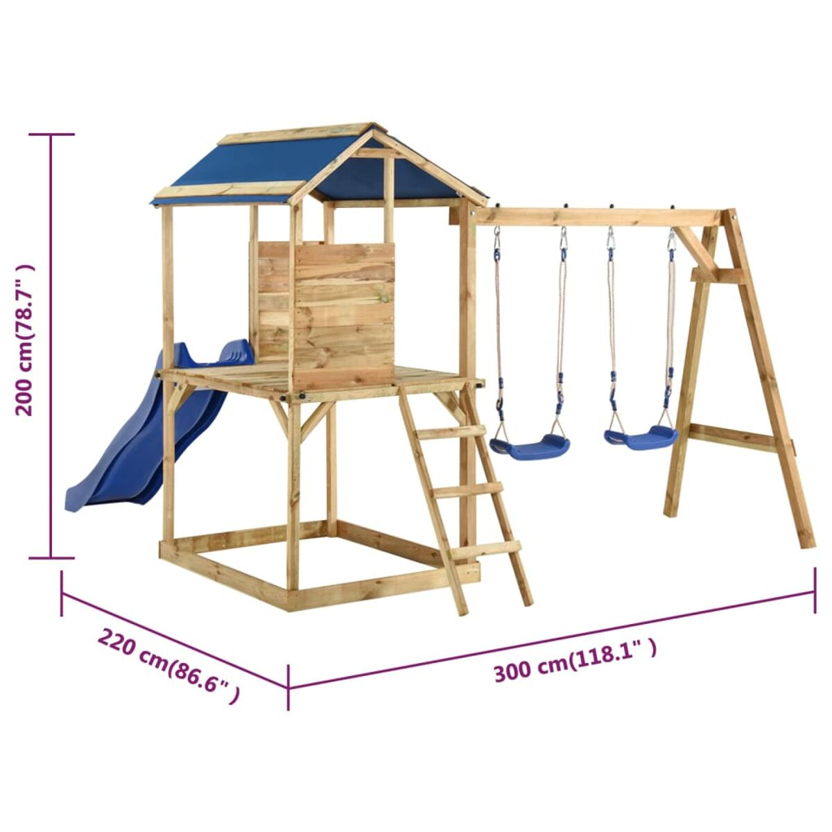Ein hölzerner Spielplatz mit Rutsche, Schaukeln, Leiter und Kletterseil. Der Hintergrund ist weiß.