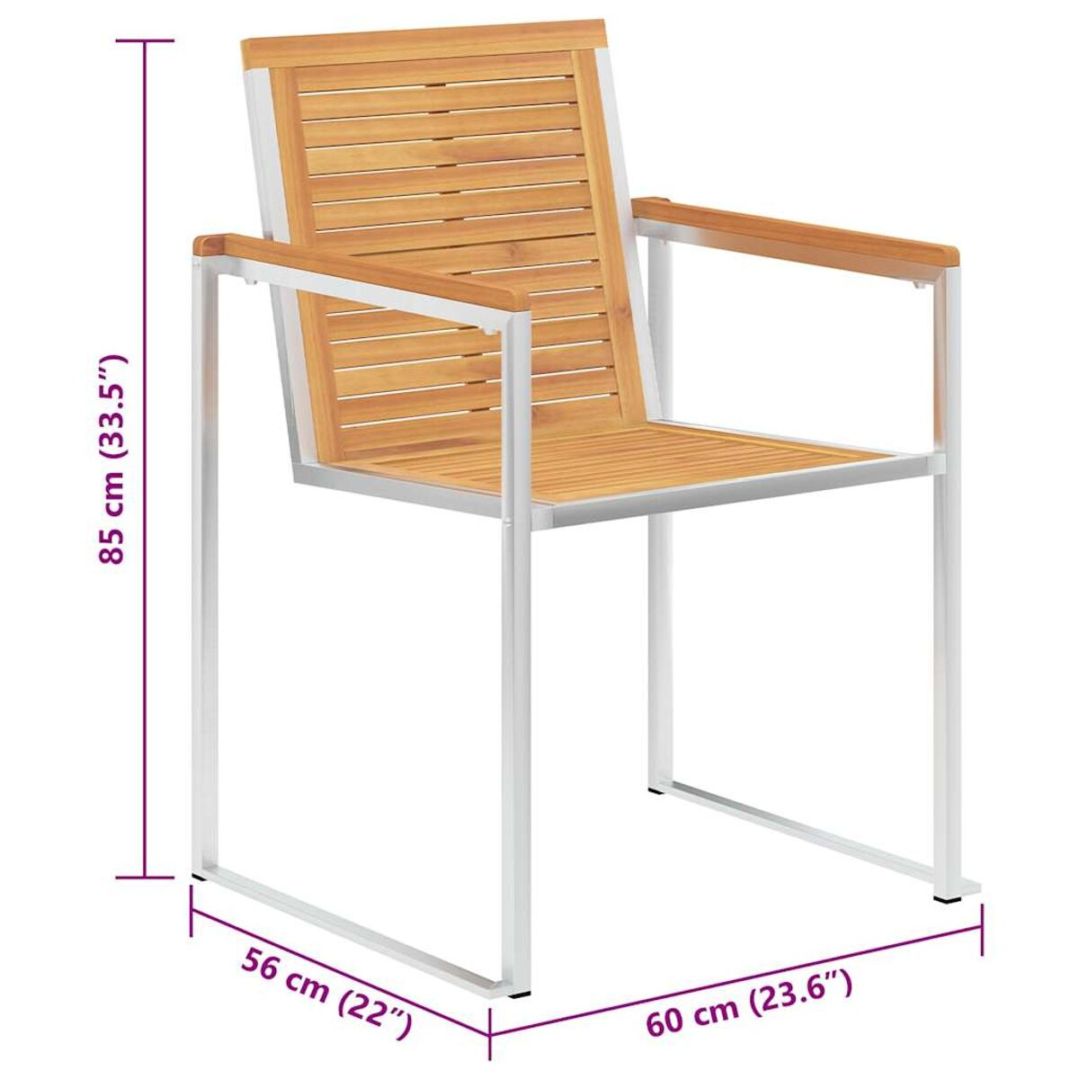 Gartenstuhl mit Holz Sitz und Rücken, weißem Metallrahmen. Abmessungen: 85cm hoch, 56cm x 60cm Basis.