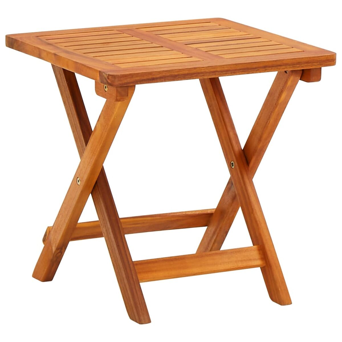 Ein kleiner quadratischer Beistelltisch aus Holz mit einem zusammenklappbaren X-Gestell auf weißem Hintergrund.