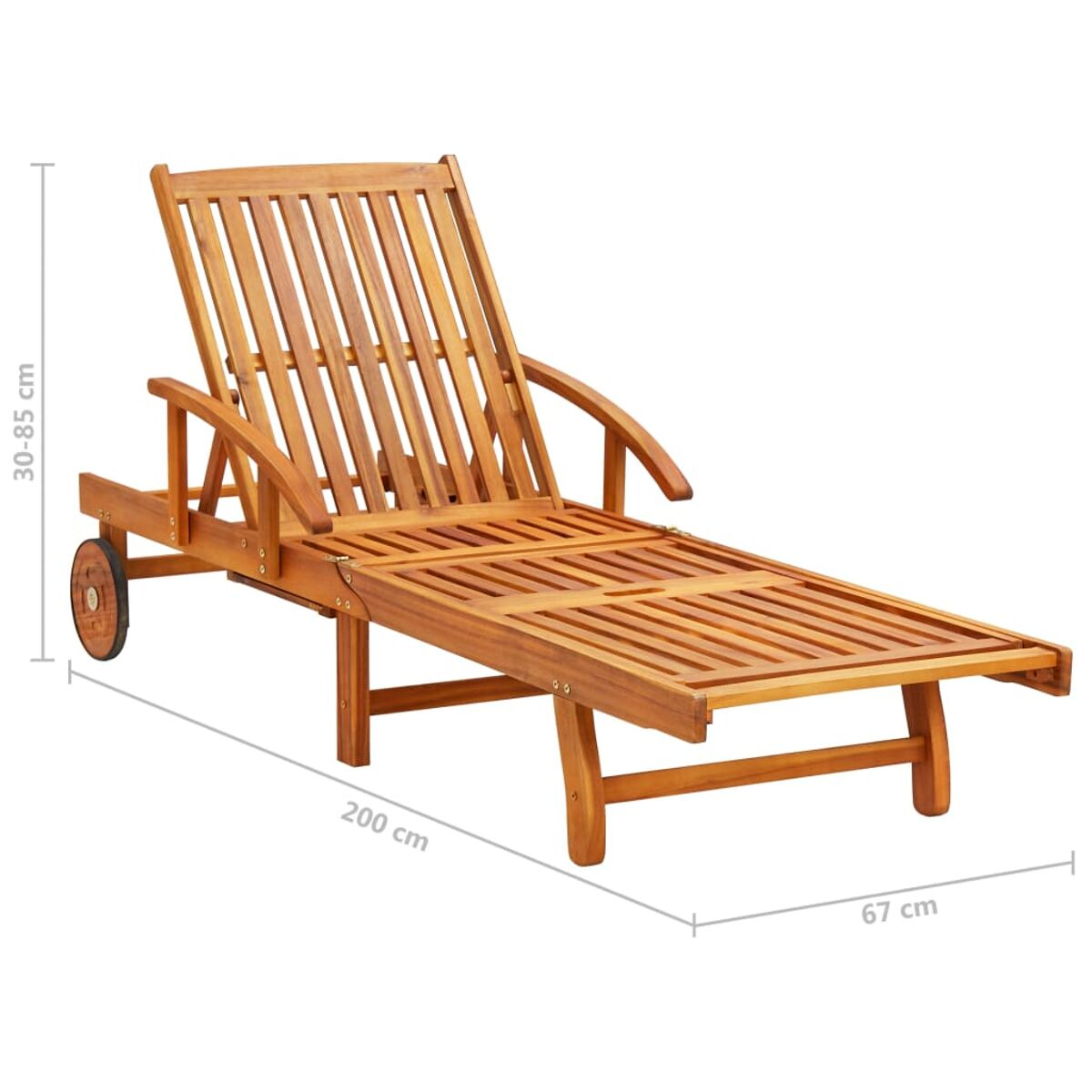 Holzliege mit Rädern, verstellbarer Rückenlehne und Lamellendesign.