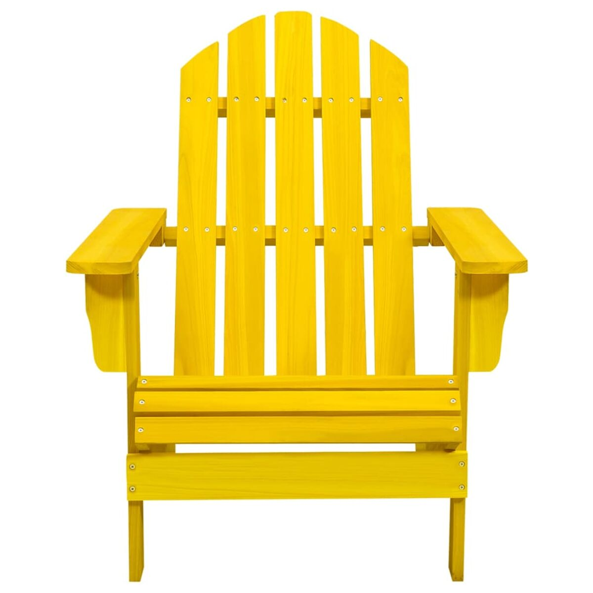 Gelber Adirondack-Stuhl aus Holz, Vorderansicht, freigestellt.