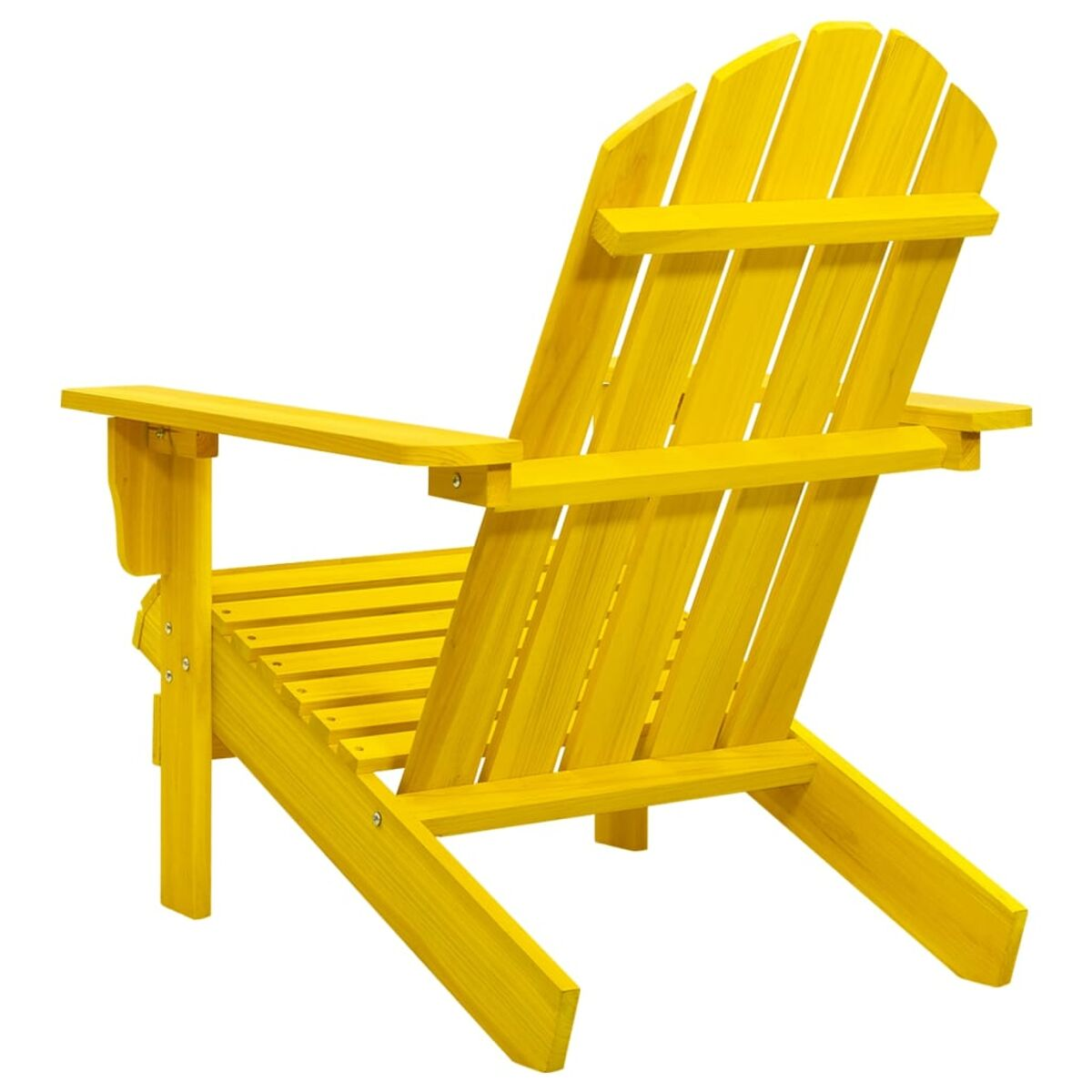 Gelber Adirondack-Stuhl, Rückansicht. Lattenrücken und -sitz, Armlehnen und eine breite, abgewinkelte Rückenlehne.