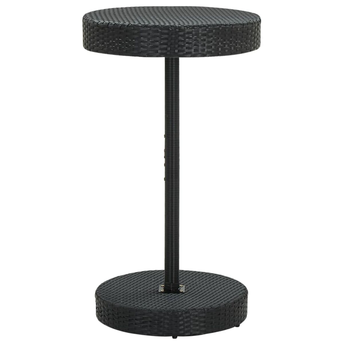 Schwarzer runder Outdoor-Bartisch mit passendem Sockel, weißer Hintergrund.