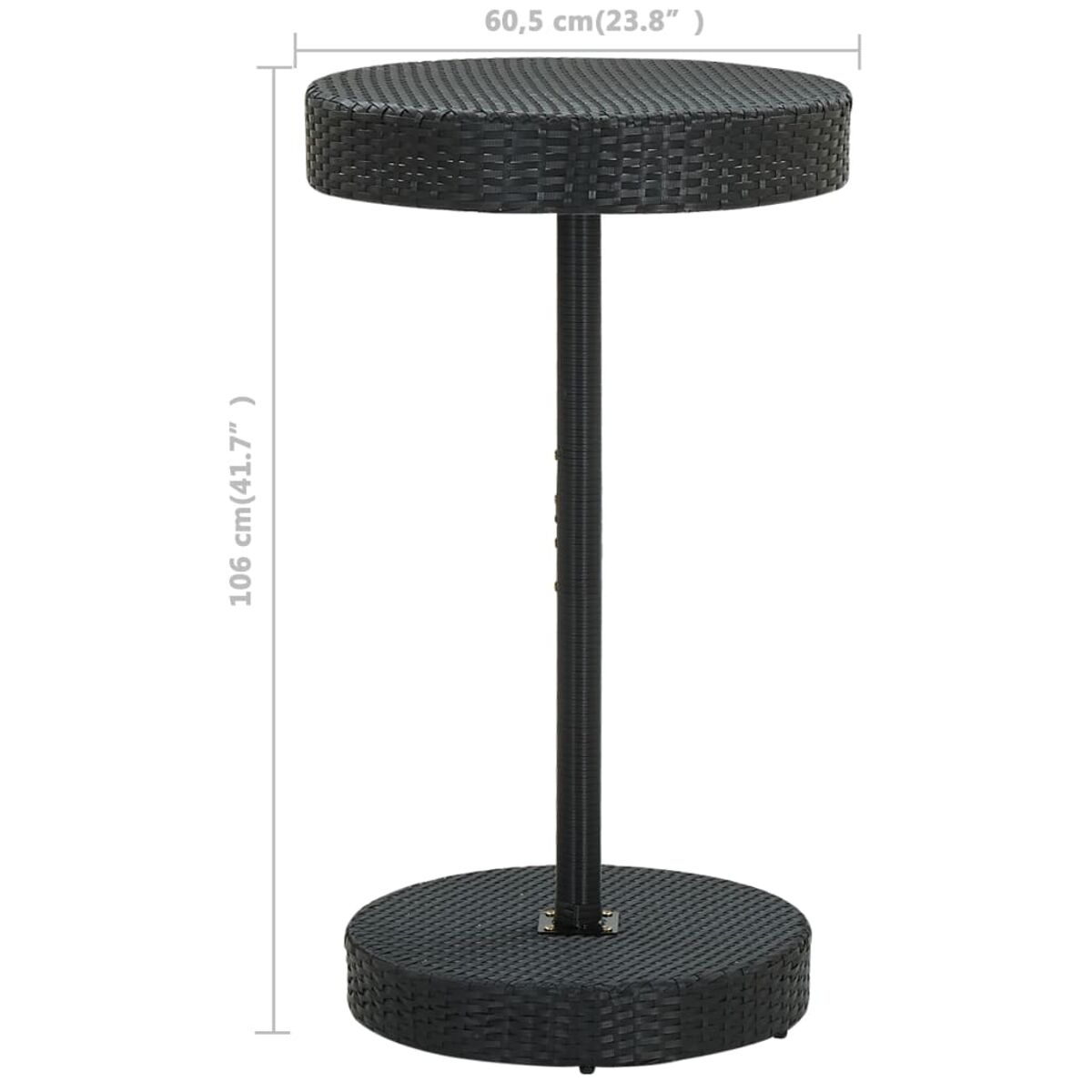 Schwarzer gewebter Outdoor-Beistelltisch mit rundem Ober- und Unterteil.