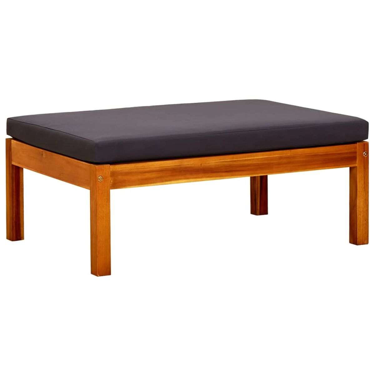 Hocker aus Holz mit grauem Kissen. Maße sind angegeben.