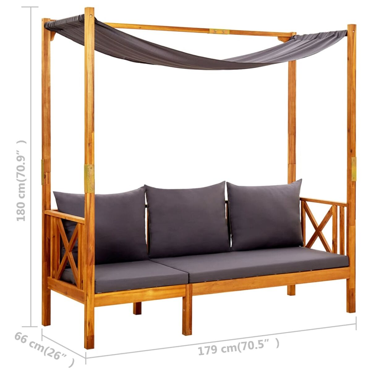 Holz-Außensofa mit Baldachin, graue Kissen, Abmessungen in cm.