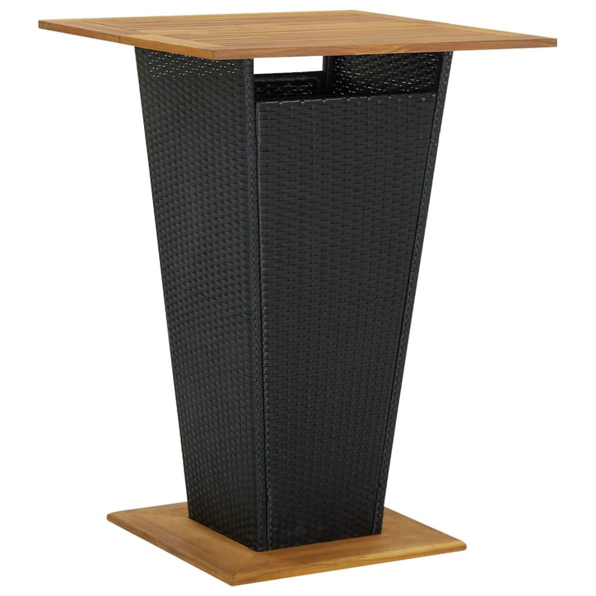 Schwarzer Korbstuhl-Bartisch mit Holzplatte und -sockel.