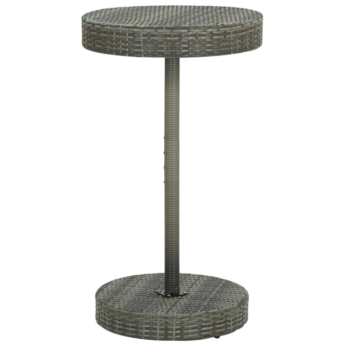 Grauer Beistelltisch im Rattan-Stil mit runder Ober- und Unterseite, getragen von einer zentralen Stange.