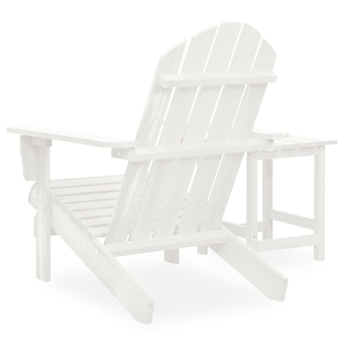 Weißer Adirondack-Stuhl aus Holz mit einem angebauten Beistelltisch. Die Rückseite des Stuhls ist sichtbar.