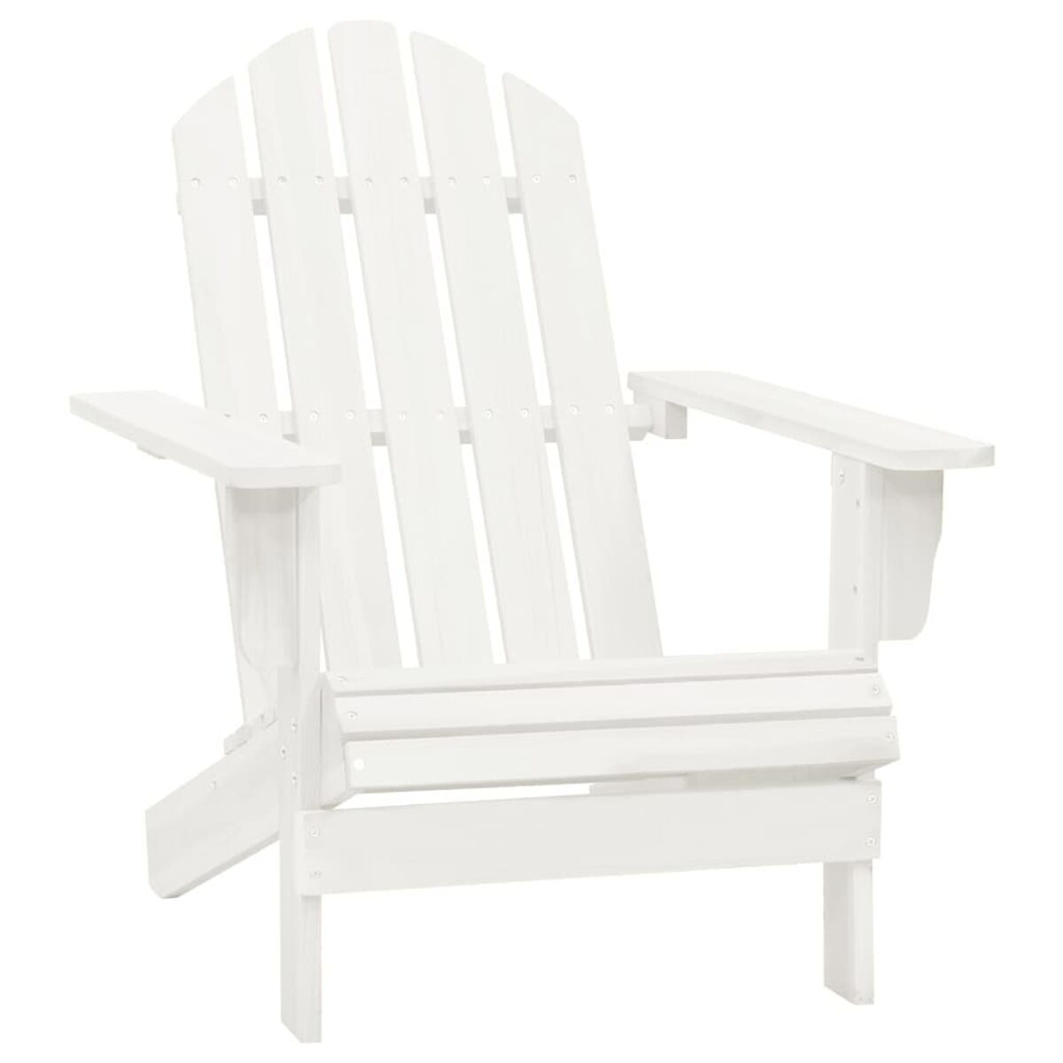 Weißer Adirondack-Stuhl vor weißem Hintergrund, Vorderansicht. Lattenrücken und -sitz, mit Armlehnen.