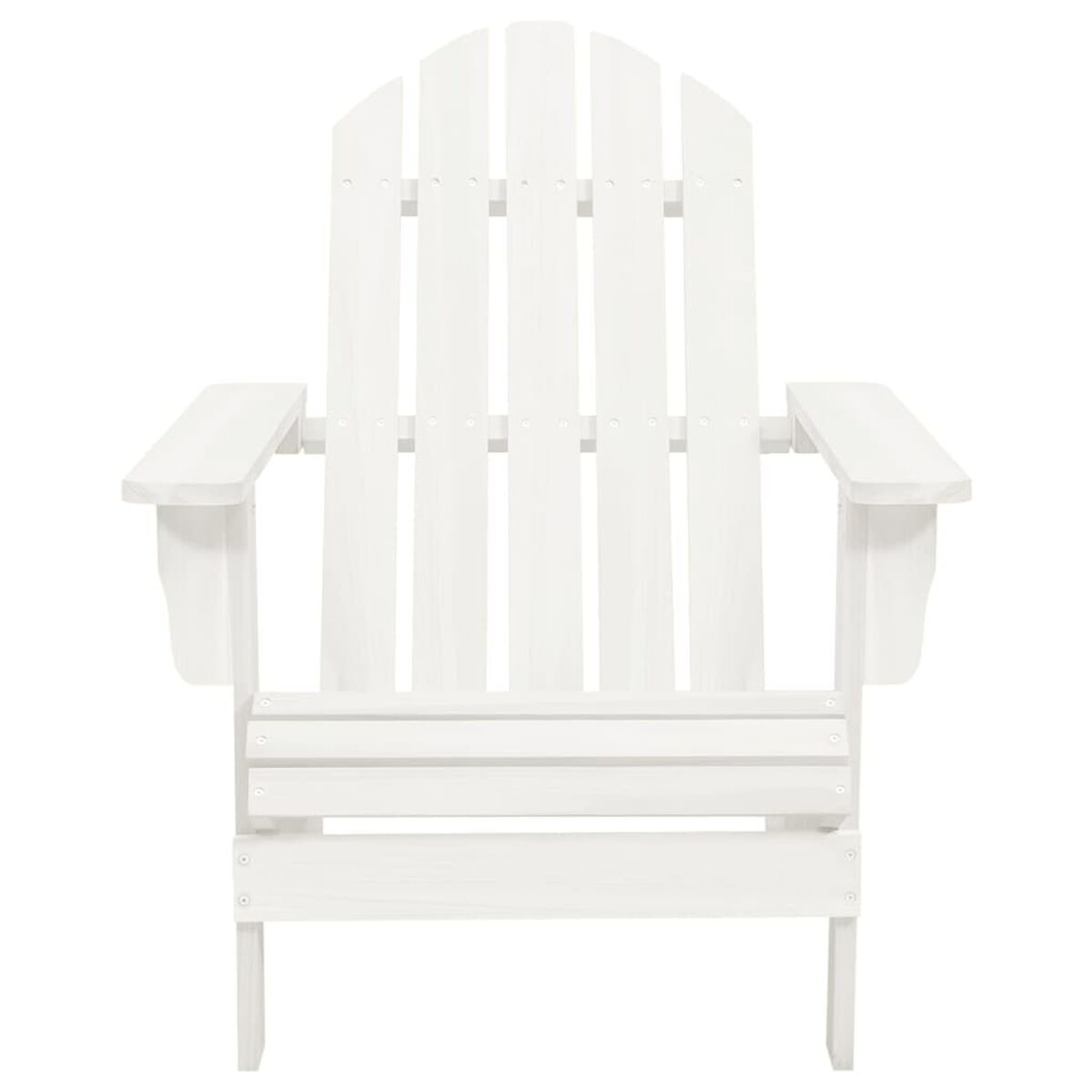 Ein weißer Adirondack-Stuhl aus Holz. Der Stuhl besteht aus Holzlatten.