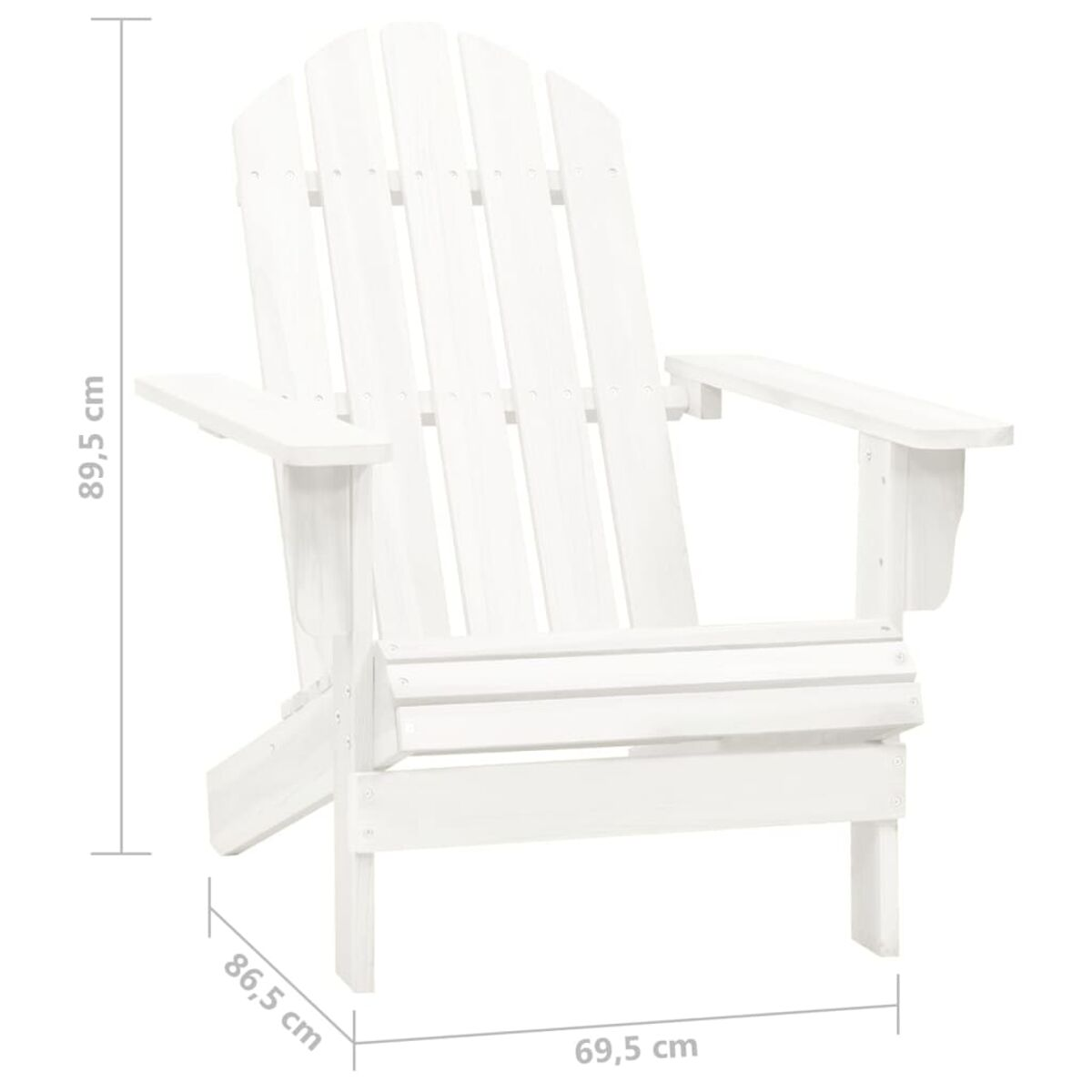 Weißer Adirondack-Stuhl mit Maßen in cm.