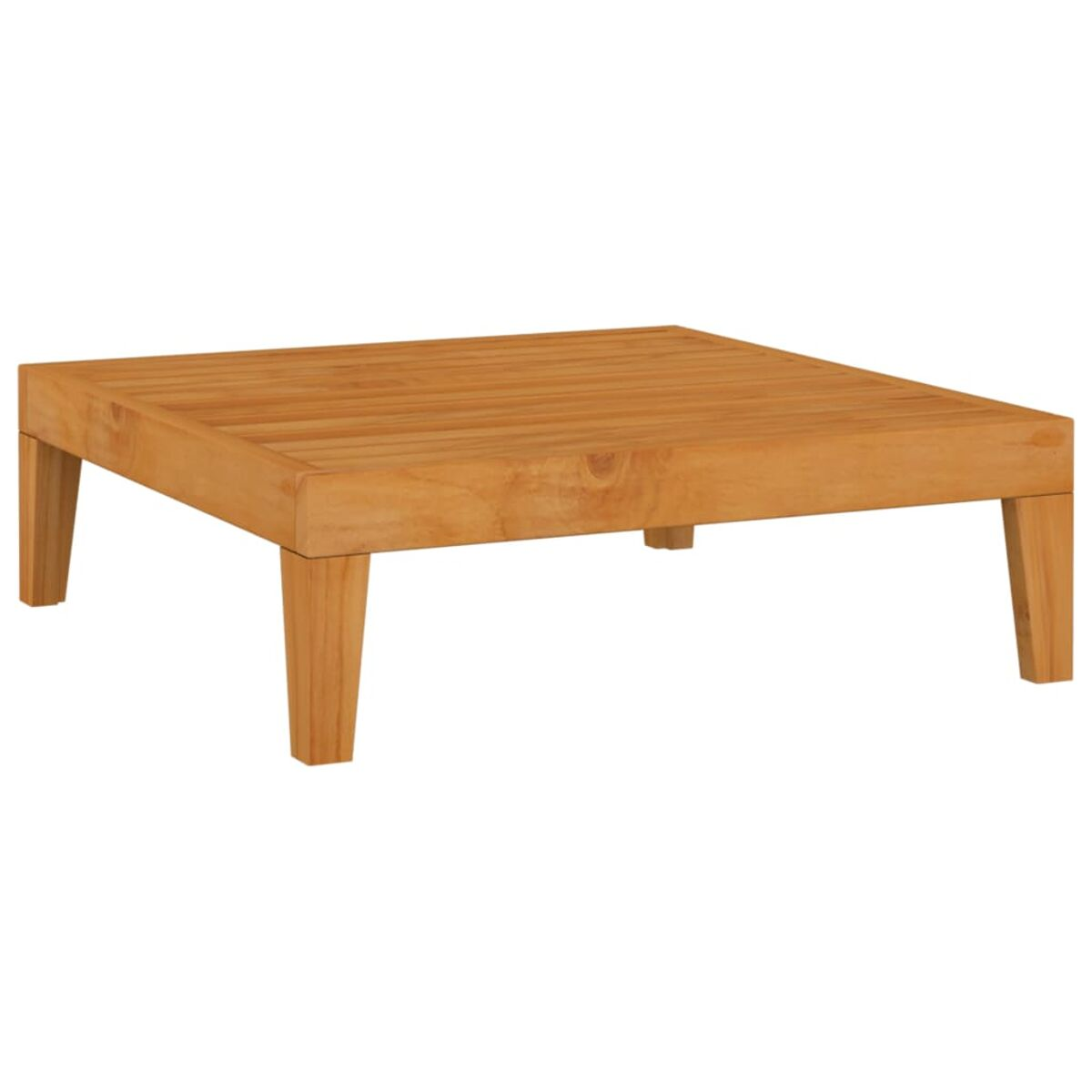 Quadratischer Couchtisch aus Holz. Braunes Holz, mit vier Beinen.