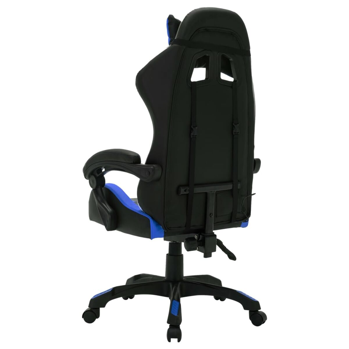 Gaming-Stuhl, schwarz mit blauen Akzenten. Rückansicht. Merkmale umfassen Rückenlehne, Räder und Armlehnen.