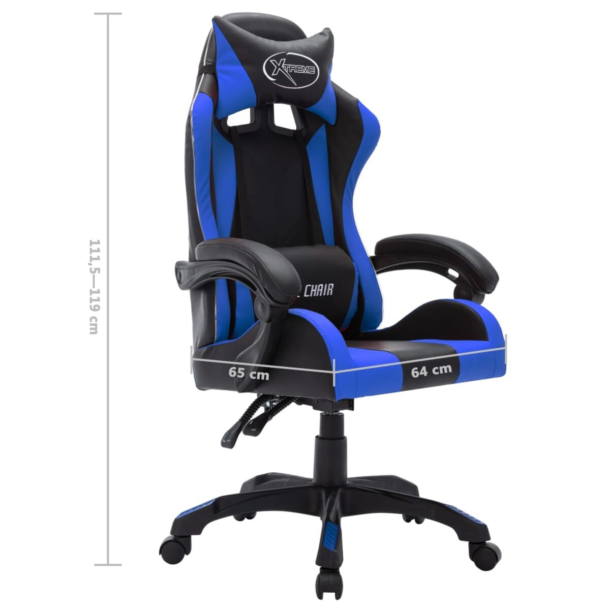 Gaming-Stuhl. Schwarz und blau, mit Kopfstütze und Armlehnen. Abmessungen sind markiert. Weißer Hintergrund.