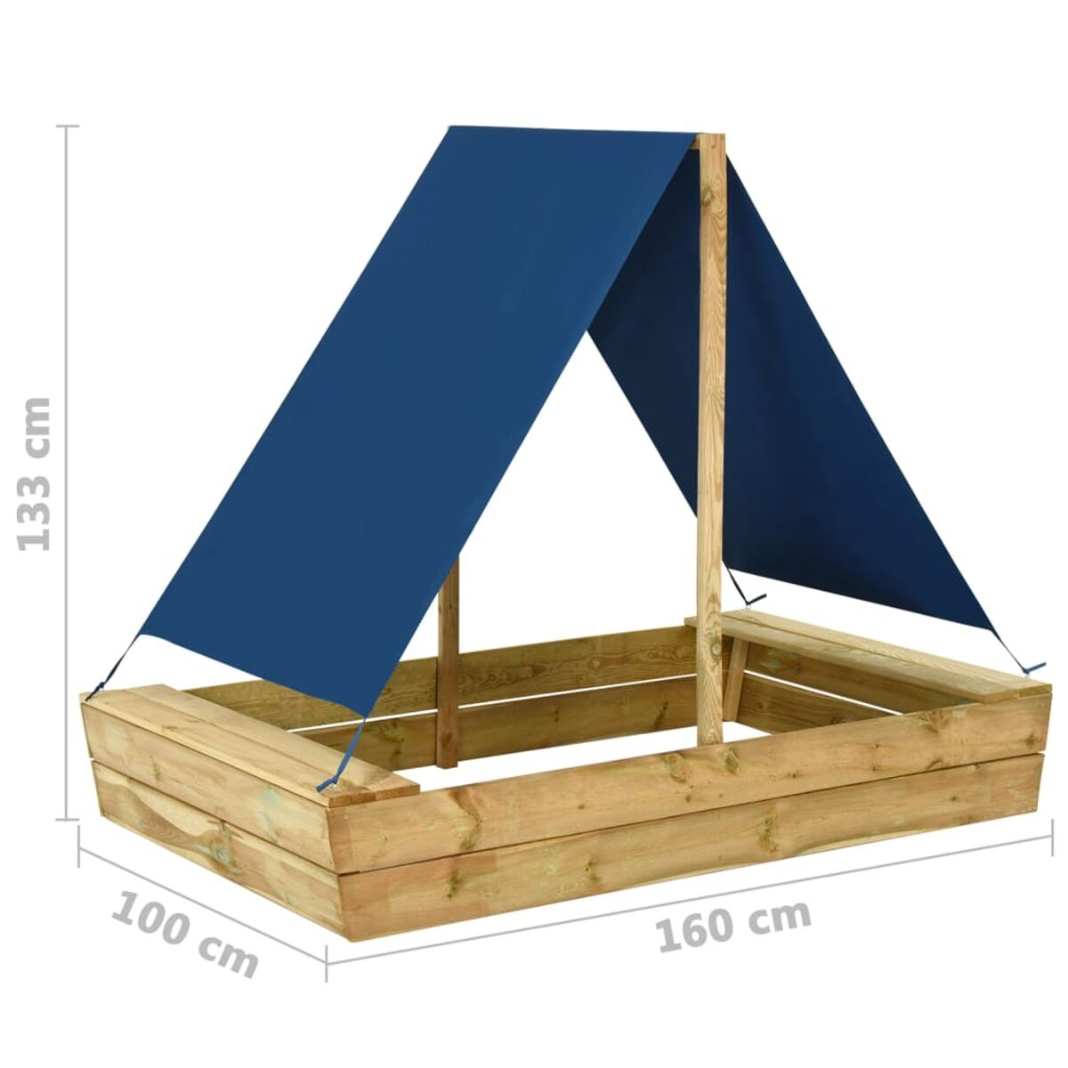 Sabbiere in legno con tettoia blu; le dimensioni sono mostrate.
