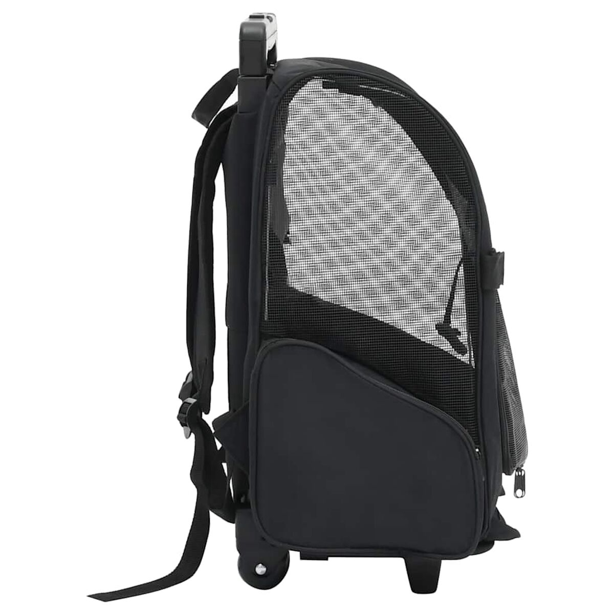 Schwarzer Haustier-Rucksack mit Rädern, einem Netzfenster und einem Griff zum Tragen.