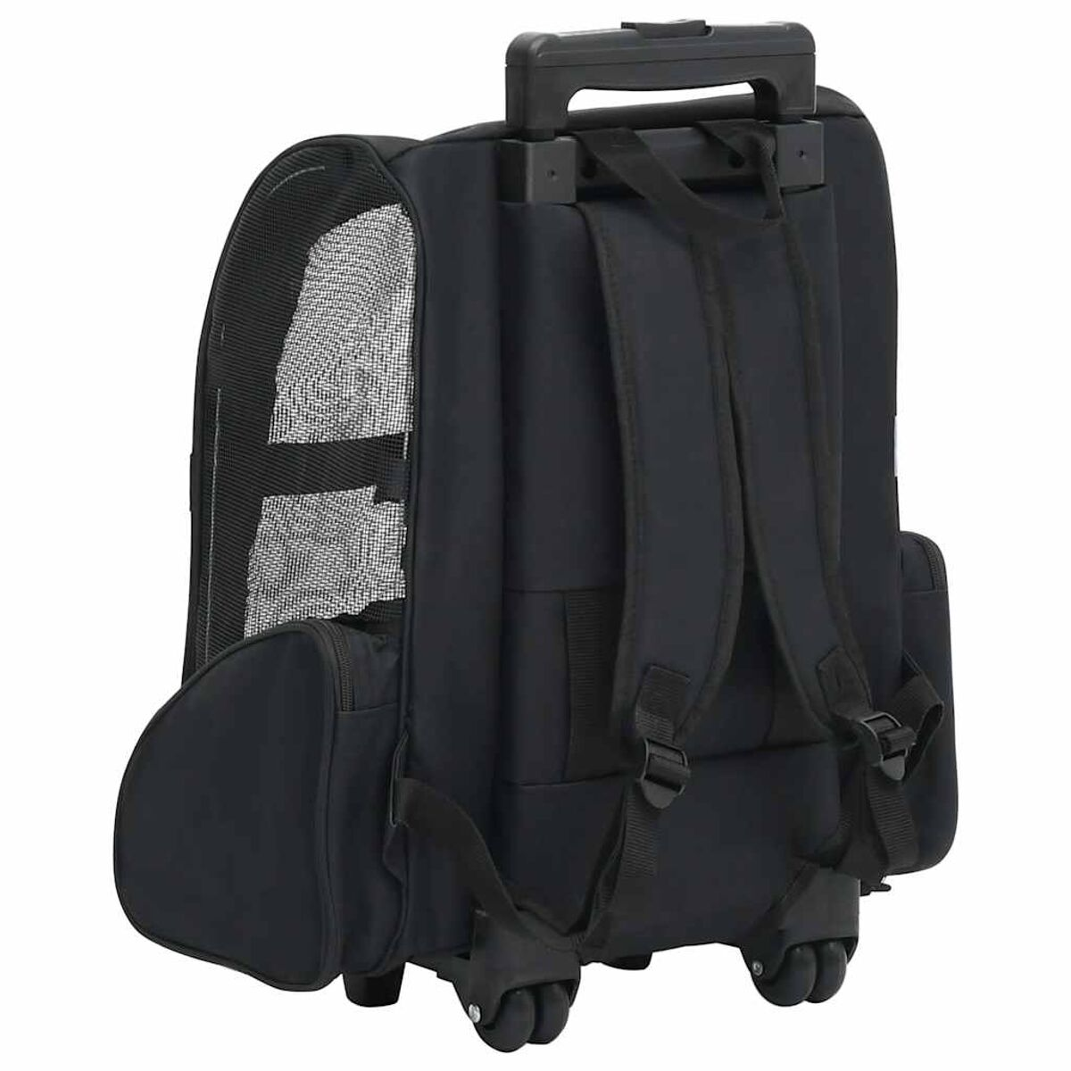 Schwarzer Haustier-Rucksack, Rückansicht. Hat Räder und ein Netzfenster zur Belüftung.