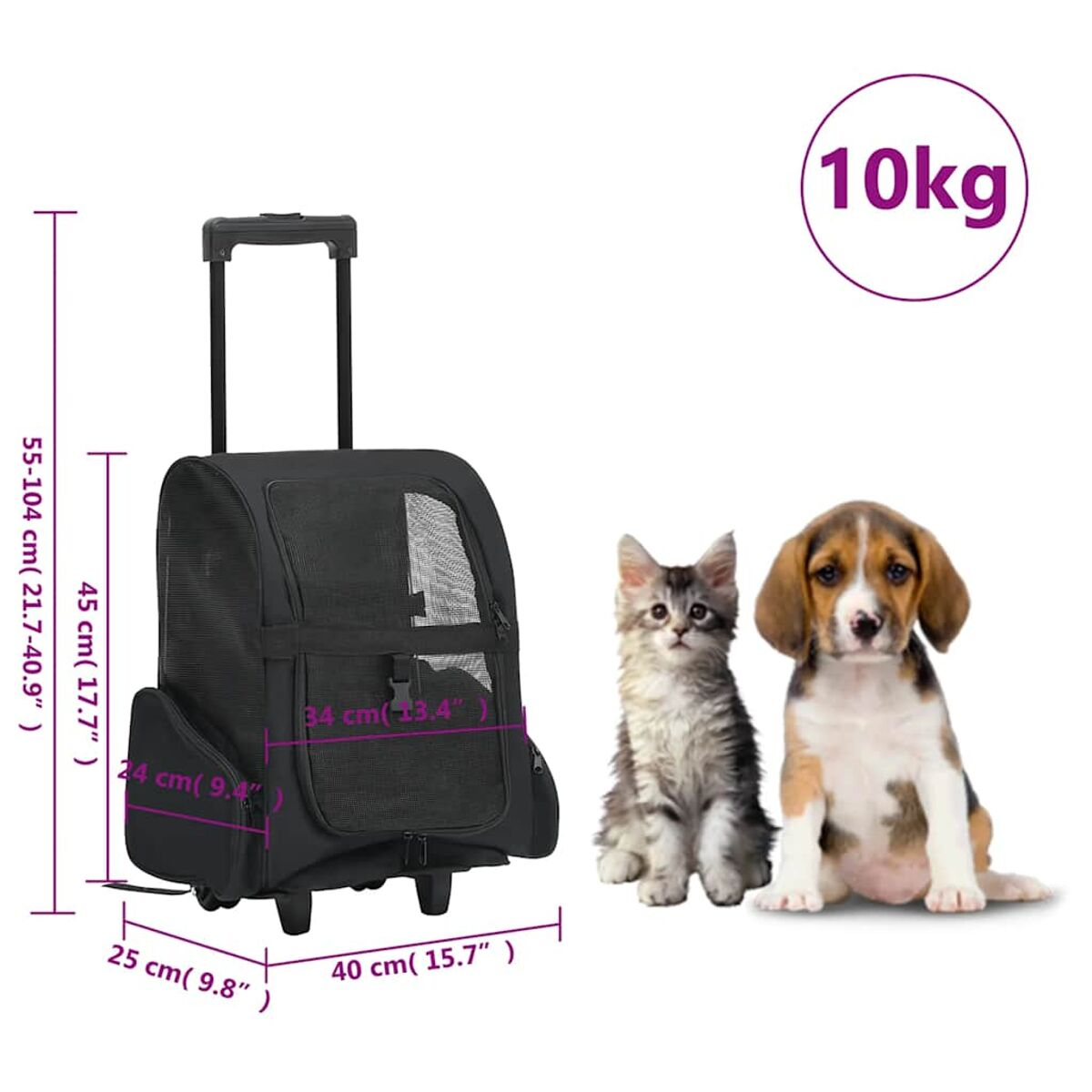 Schwarze Haustiertransporttasche auf Rädern mit Katze und Welpen daneben.