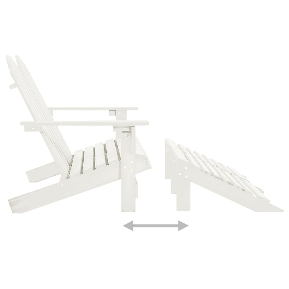 Weißer Adirondack-Stuhl und Fußstütze, Seitenansicht mit Pfeilen, die die Trennung zeigen.