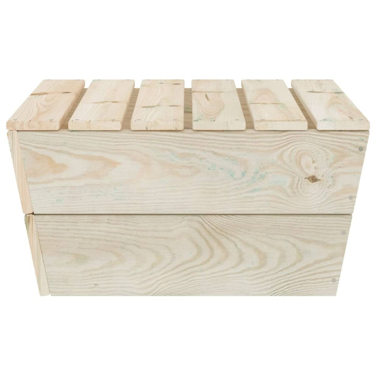 Holzbank im Kistenstil. Lattenrost oben und unten, helle Holzfarbe.