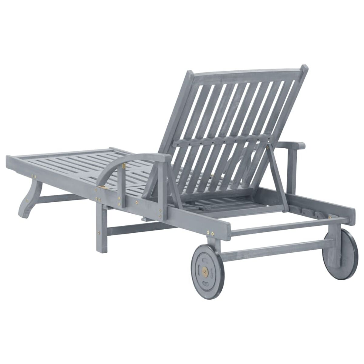Graue Chaiselongue aus Holz mit Rädern, zeigt die zurückgelehnte Rückenlehne.