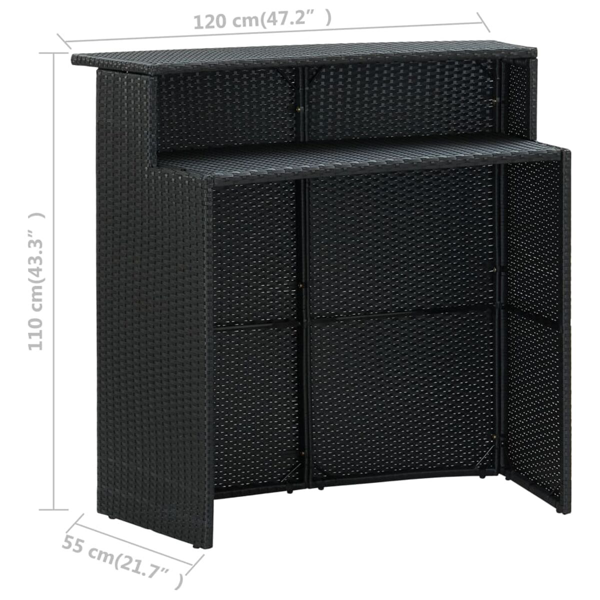 Eine schwarze Outdoor-Bar. Sie hat ein gewebtes Muster und ist rechteckig mit Abmessungen.