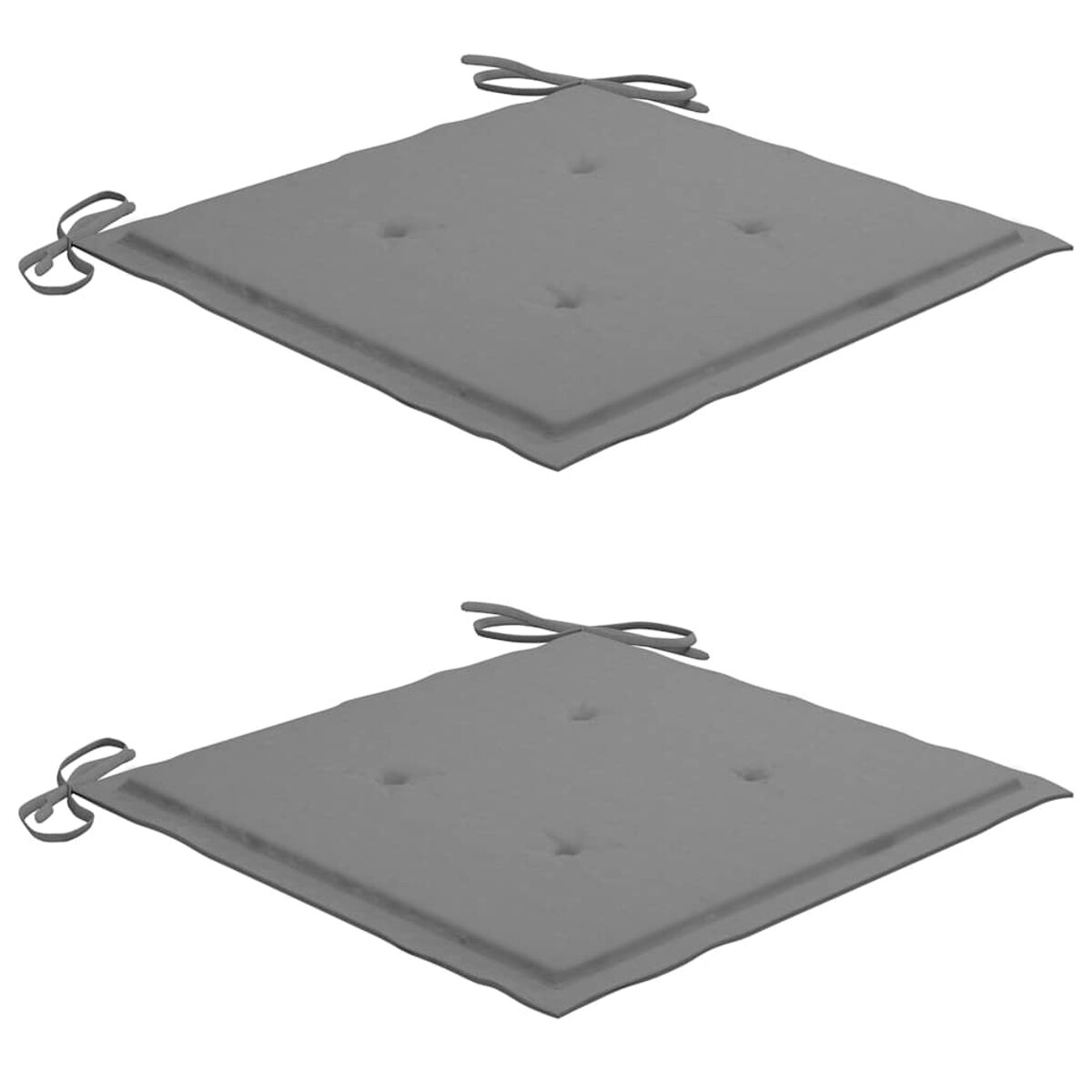 Zwei graue quadratische Outdoor-Sitzkissen mit Bändern.