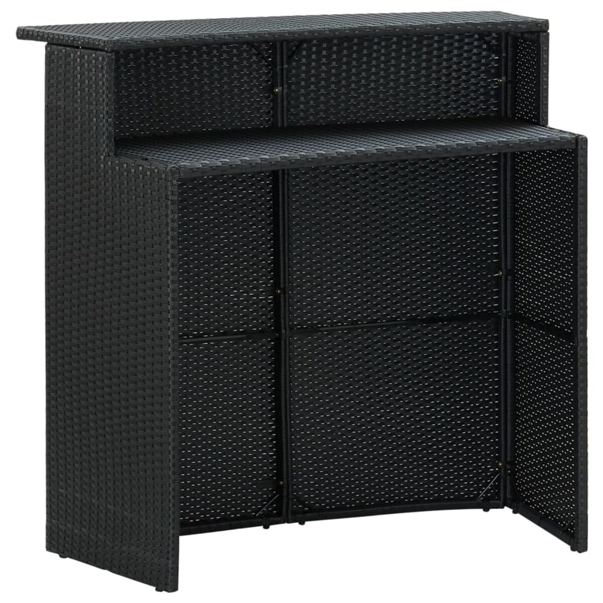 Schwarze gewebte Outdoor-Bar mit Stauraum.