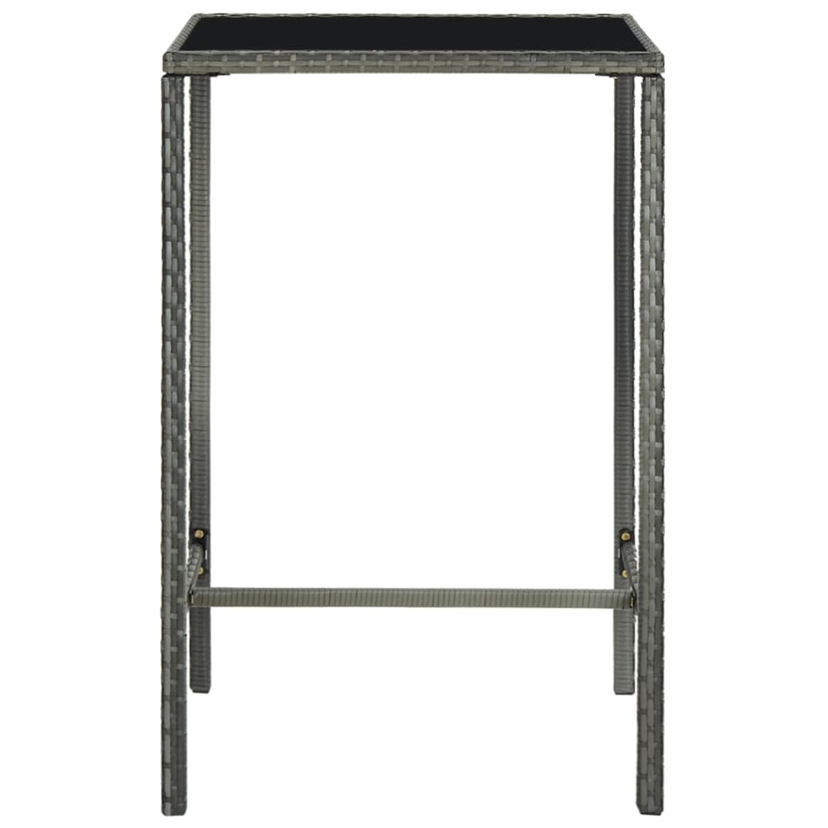 Ein quadratischer, grauer Rattantisch mit schwarzer Platte. Weißer Hintergrund.
