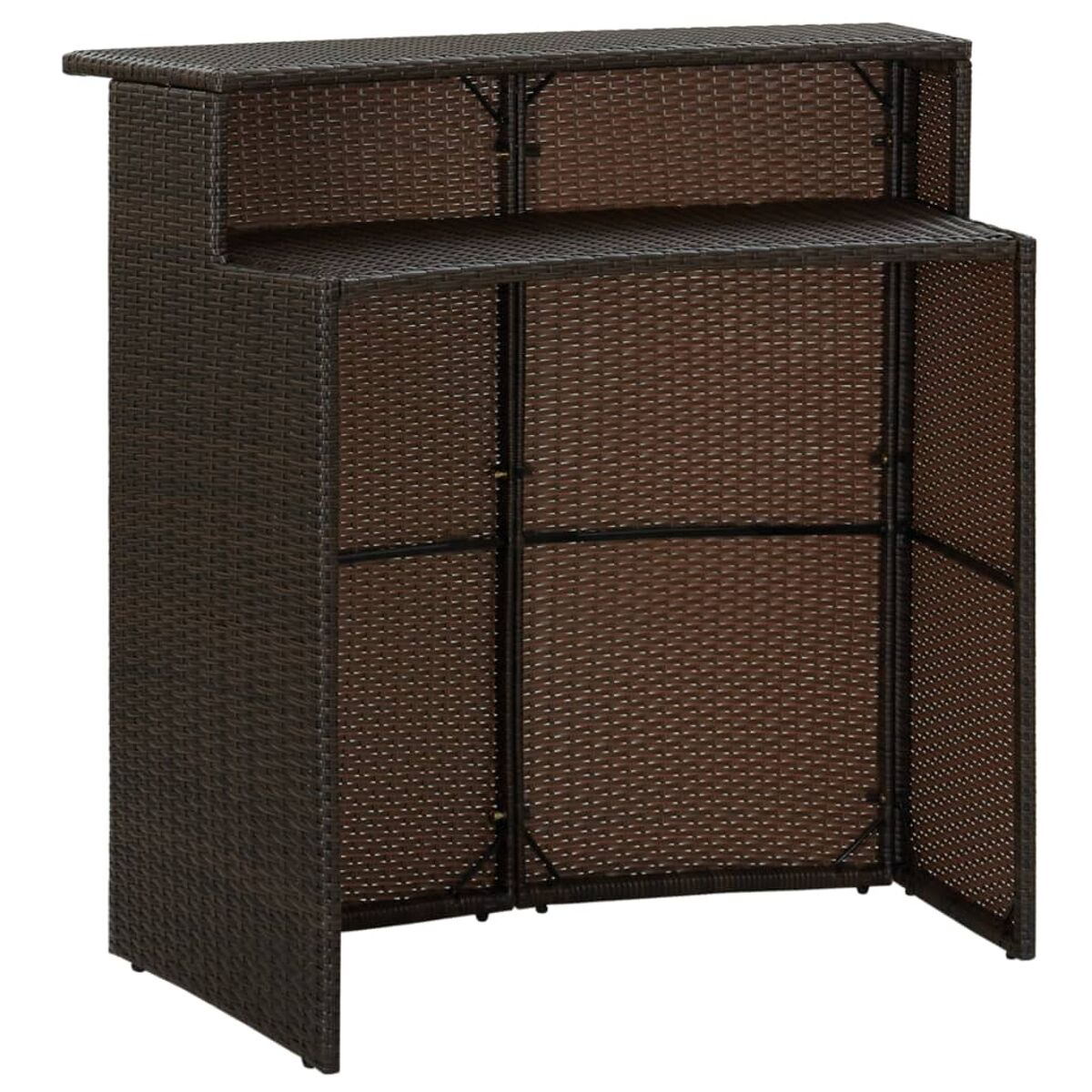 Brauner Outdoor-Barschrank aus Weide mit Regalen und Arbeitsplatte.