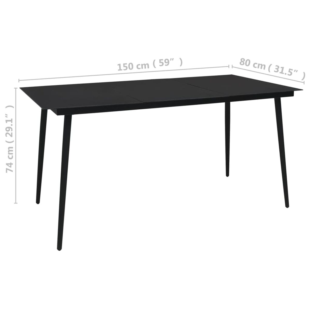 Schwarzer Tisch mit rechteckiger schwarzer Platte und schwarzen Beinen. Es ist ein einfaches Design.
