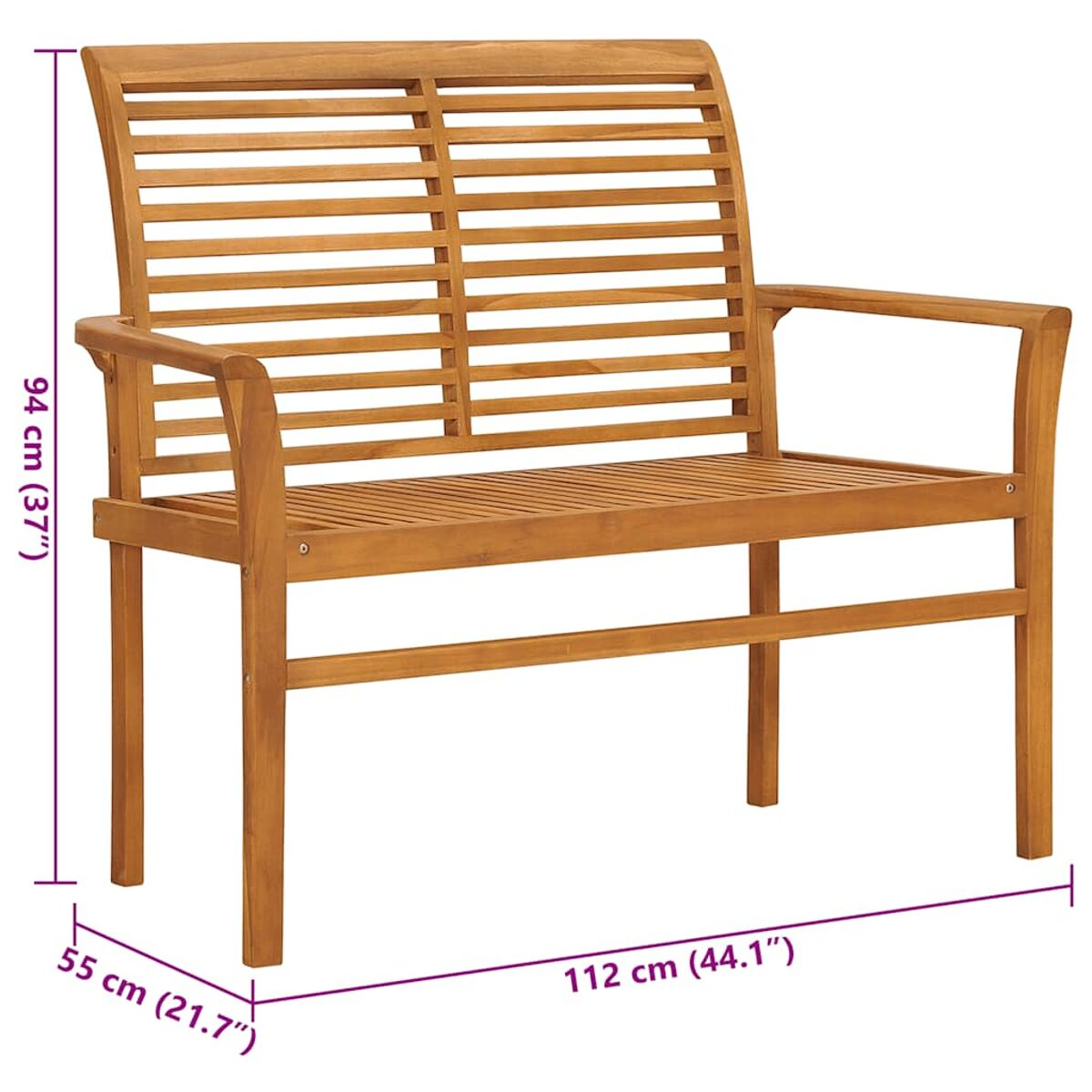 Holzbank mit Lattenrücken und Armlehnen. Maße: 112cm x 55cm x 94cm.